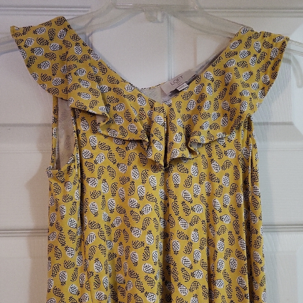 LOFT Mustard Leaf Print Ruffle Dress